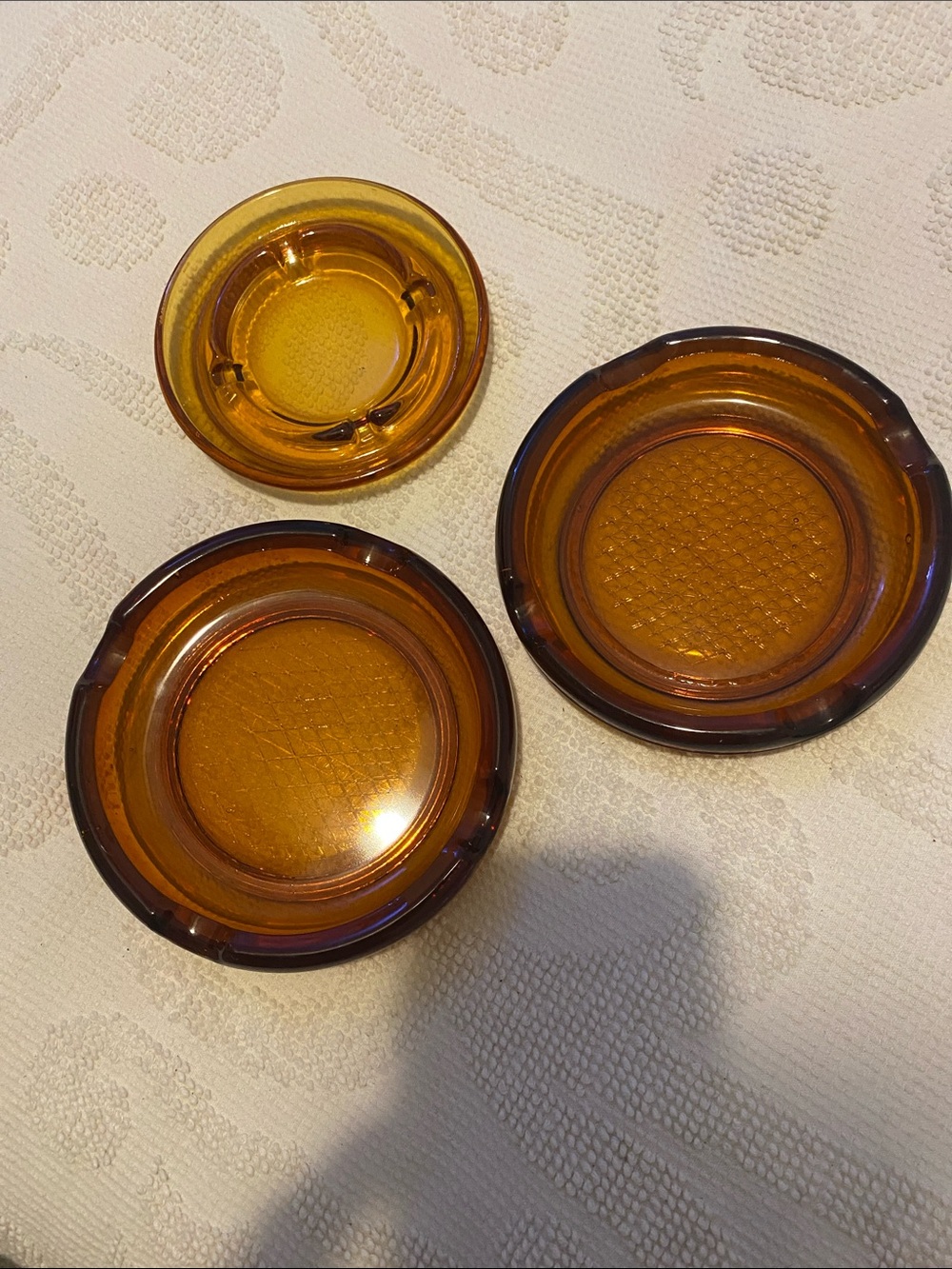 Amber Glass Ashtray Set - Amber. Vintage, no cracks or chips.  All 3